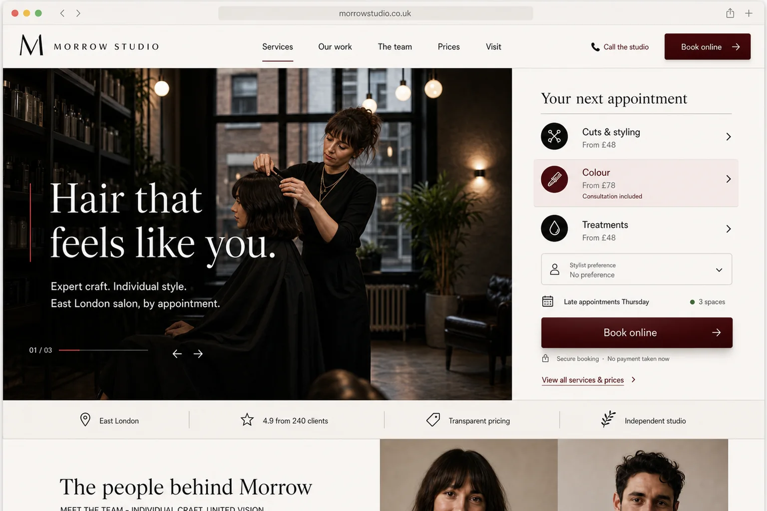 Bespoke Morrow Studio salon website redesign with immersive photography, premium branding and an online appointment-booking journey.