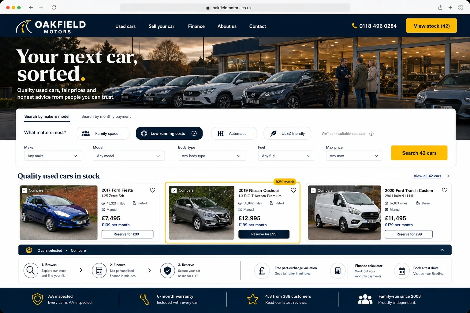 Custom website concept for Oakfield Motors, with live vehicle search, stock cards, comparison, reservations and finance tools.