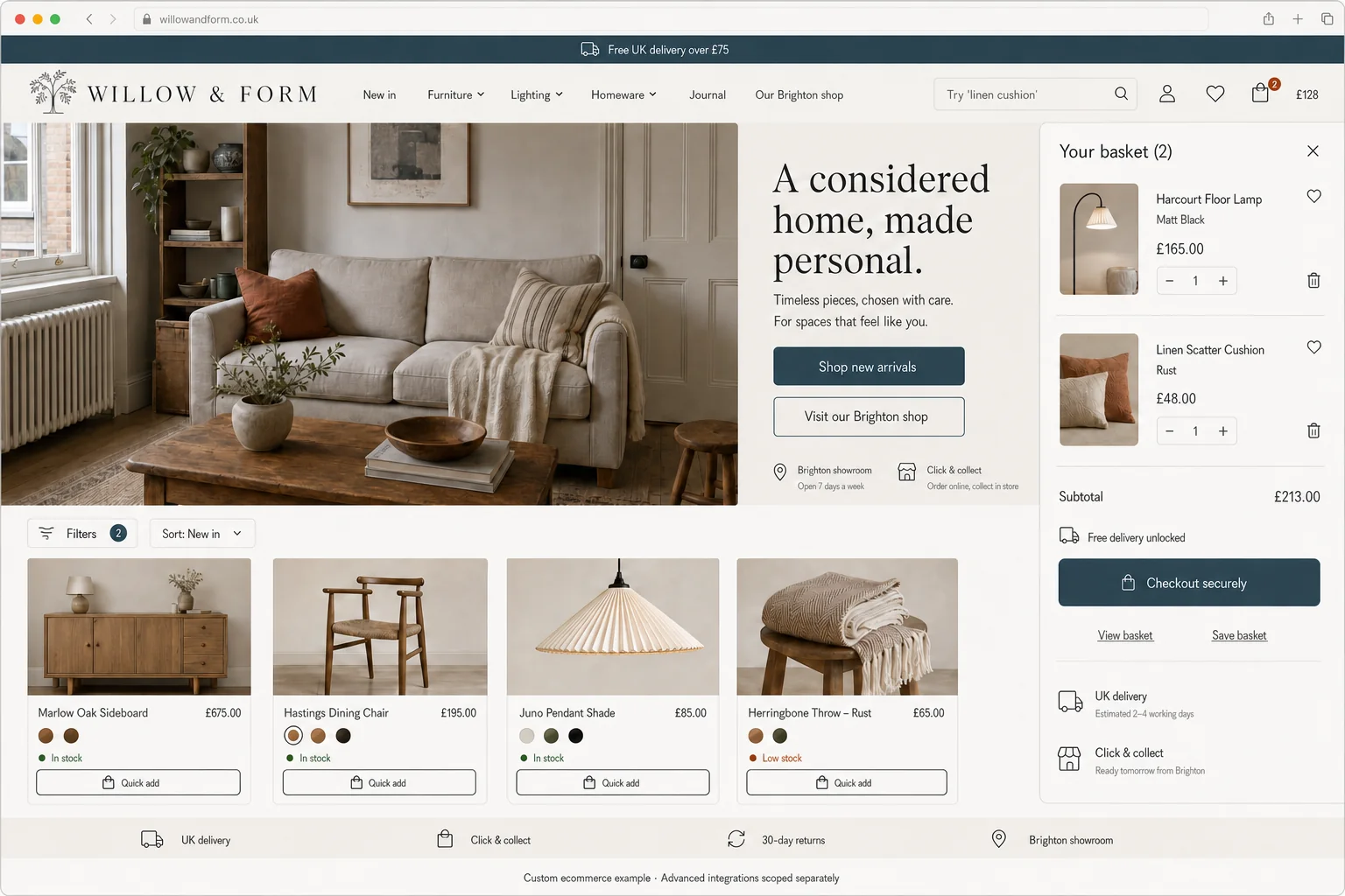 Custom ecommerce website concept for Willow & Form homewares, with product filtering, stock status, shopping basket and checkout.