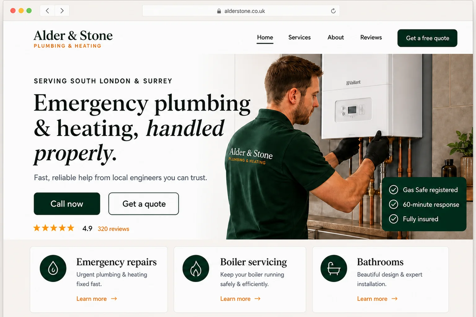 Template plumbing website concept for Alder & Stone, with emergency services, calls to action and local trust signals.